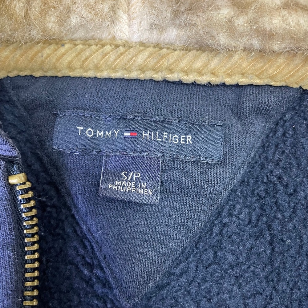 Y2K Tommy Hilfiger Navy Faux Fur Lined Quarter Zip Hoodie Crest Logo Small - Picture 9 of 16
